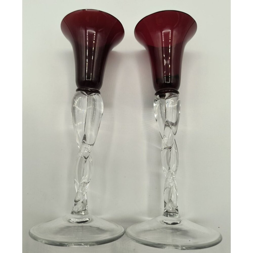 Vintage Handblown Glass Candle Holders With Ruby Red Fluted Tops & Clear Twisted - Picture 3 of 4